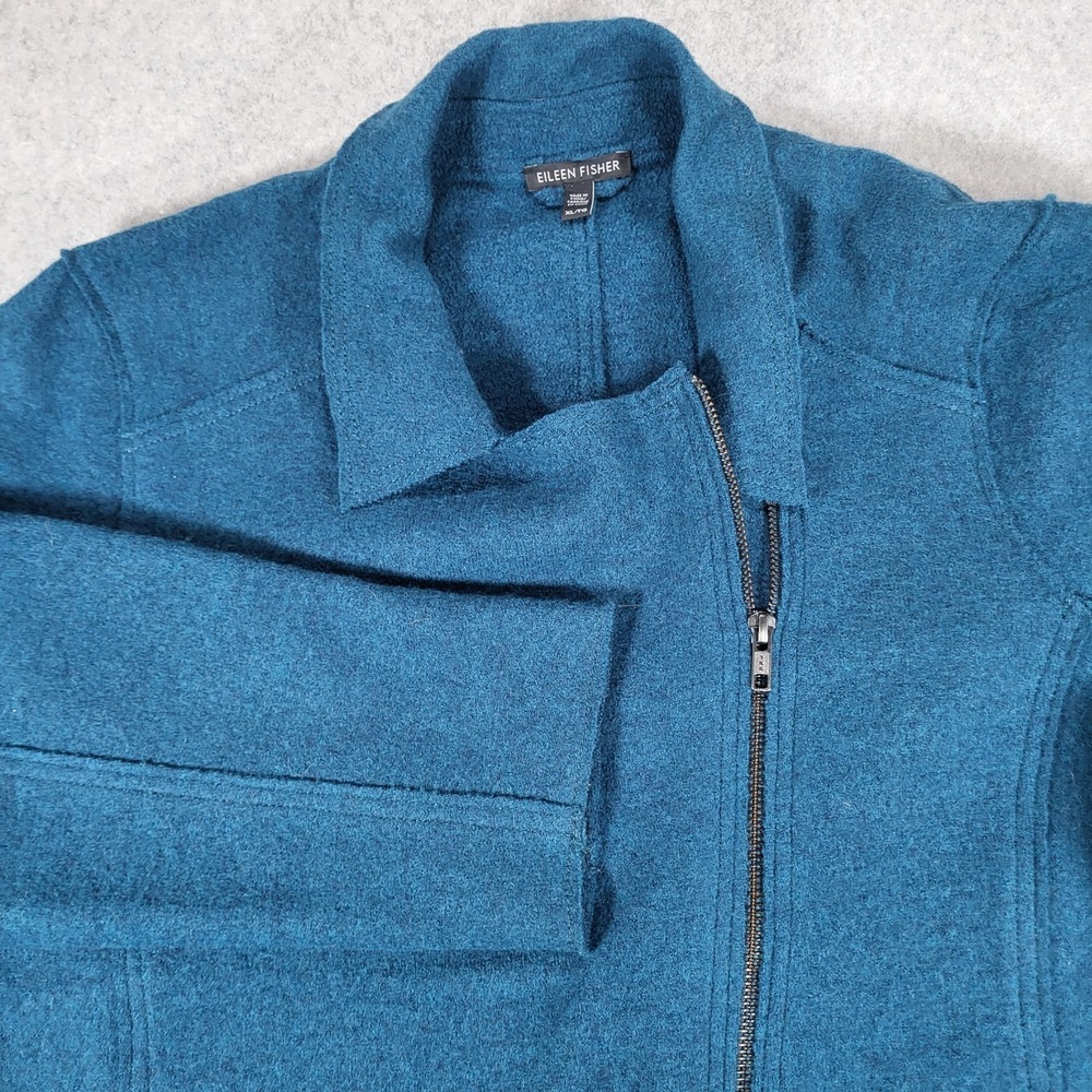 Eileen Fisher Off-Center Full Zip 100% Wool Sweater Womens XL Blue Teal Pockets